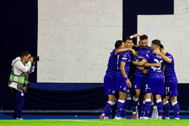 GNK Dinamo v Fenerbahce SK - UEFA Europa League 2025 26 League Phase MD1 ZAGREB, CROATIA - SEPTEMBER 24: Dejan Ljubicic, Dion Drena Beljo and Moris Valincic of GNK Dinamo celebrate a goal during the UEFA Europa League 2025 26 League Phase MD1 match between GNK Dinamo and Fenerbahce SK at Stadion Maksimir on September 24, 2025 in Zagreb, Croatia.  GoranxStanzl PIXSELL