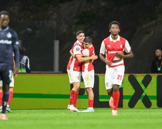 September 24, 2025, Braga, Braga, Portugal: FRAN NAVARRO from SC Braga seen celebrating his goal during the UEFA Europe League 2025 26 match between SC Braga and Feyenoord, on September 24, 2025 at Estadio Municipal de Braga, Braga, Portugal Braga Portugal - ZUMAl192 20250924_zsp_l192_036 Copyright: xMiguelxLemosx