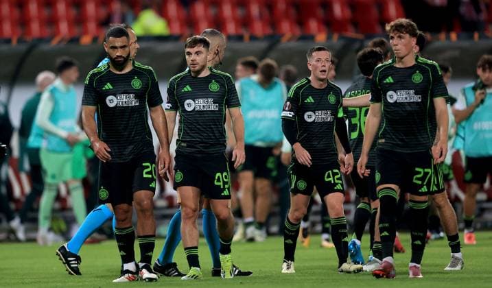 24.09.2025 Belgrade Beograd FK Crvena Zvezda(FC Red Star)-FC Celtic Europa League men s football Cameron Carter-Vickers,James Forrest,Callum McGregor,Arne Engels Celtic react after match :