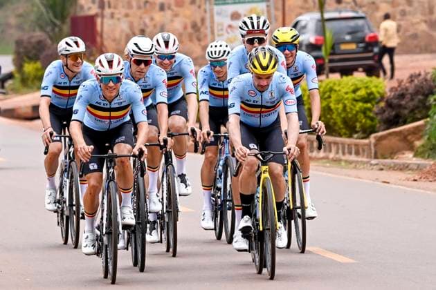 UCI 2025 Road World Championship, WM, Weltmeisterschaft Kigali 25 09 2025 - training ride KIGALI, RWANDA - SEPTEMBER 25 : Belgium Cycling team pictured during a training ride prior to the 92nd edition of the UCI World Championships road race on September 25, 2025 in Kigali, Rwanda, 25 09 2025 Kigali Rwanda  Copyright: xJanxDexMeuleneirx
