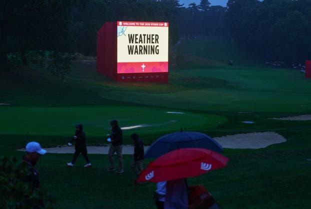 Weather warning signage. 2025 Ryder Cup, Thursday Practice, Golf, Bethpage Black Golf Course, New York, USA - 25 Sep 2025New York Bethpage Black Golf Course New York (NY) United States of America EDITORIAL USE ONLY No use with unauthorised audio, video, data, fixture lists, club league logos or live services. Online in-match use limited to 120 images, no video emulation. No use in betting, games or single club league player publications. Copyright: xJamesxMarsh Shutterstockx 15500195v