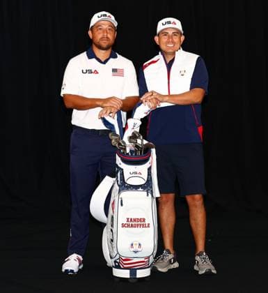 Xander Schauffele of Team USA and caddie. 2025 Ryder Cup, Thursday Practice, Golf, Bethpage Black Golf Course, New York, USA - 25 Sep 2025New York Bethpage Black Golf Course New York (NY) United States of America EDITORIAL USE ONLY No use with unauthorised audio, video, data, fixture lists, club league logos or live services. Online in-match use limited to 120 images, no video emulation. No use in betting, games or single club league player publications. Copyright: xJamesxMarsh Shutterstockx 15500195ay