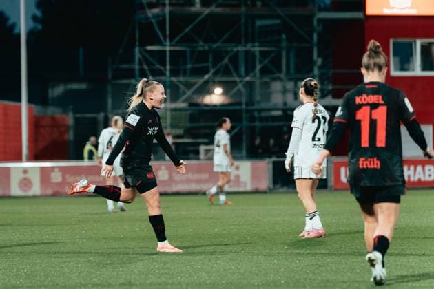 25.09.25, Frauen, Fussball, Google Pixel Frauen Bundesliga, Saison 2025 2026, Bayer 04 Leverkusen - Eintracht Frankfurt, 4. Spieltag Vanessa Fudalla ( 21 - Bayer 04 Leverkusen) Jubel über Tor zum 2:0 Leverkusen Ulrich-Haberland-Stadion NRW Deutschland