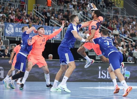 RK Zagreb v Barca - EHF Champions League - Group Phase ZAGREB, CROATIA - SEPTEMBER 25: Ihar Bialiauski, Ludovic Fabregas, Jakov Gojun and Seif Mohamed Yehia el Deraa in action during EHF Machineseeker Champions league match between RK Zagreb and FC Barcelona, Barca at Arena Zagreb on September 25, 2025 in Zagreb, Croatia.  GoranxStanzl PIXSELL
