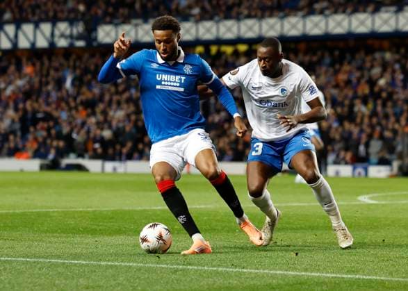 Rangers v KRC Genk UEFA Europa League Youseff Chemiti of Rangers shields the ball from Mujaid Sadick of KRC Genk during the UEFA Europa League match at Ibrox Stadium, Glasgow UK Newspapers OUT Copyright: xFredxPalmerx FIL-22274-0032