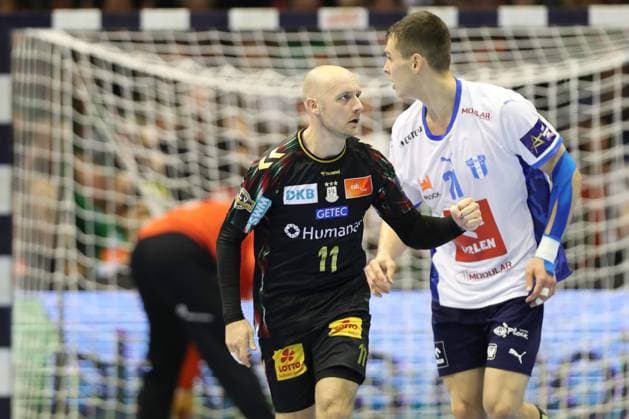 25.09.2025, xtgx, Handball, EHF Champions League, SC Magdeburg - Wisla Plock v.l. Daniel Pettersson (Magdeburg, 11) Jubel, Torjubel, jubelt ueber das Tor, celebrate the goal, celebration Magdeubrg