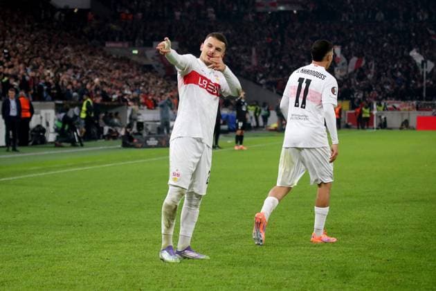 25.09.2025, xmohx, Fussball UEFA Europa League, VfB Stuttgart - Celta Vigo v.l. Torjubel nach dem Tor zum celebrating the goal celebrate 1:0 durch Badredine Bouanani (VfB Stuttgart) (DFL DFB REGULATIONS PROHIBIT ANY USE OF PHOTOGRAPHS as IMAGE SEQUENCES and or QUASI-VIDEO) Stuttgart