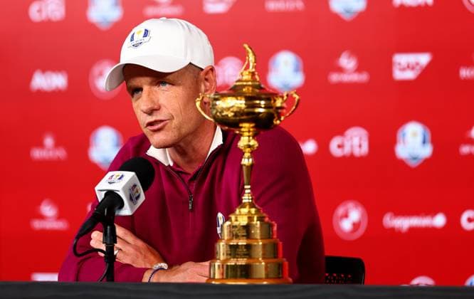 Luke Donald Captain of Team Europe during a press conference, PK, Pressekonferenz 2025 Ryder Cup, Thursday Practice, Golf, Bethpage Black Golf Course, New York, USA - 25 Sep 2025New York Bethpage Black Golf Course New York (NY) United States of America EDITORIAL USE ONLY No use with unauthorised audio, video, data, fixture lists, club league logos or live services. Online in-match use limited to 120 images, no video emulation. No use in betting, games or single club league player publications. Copyright: xJamesxMarsh Shutterstockx 15500195ds