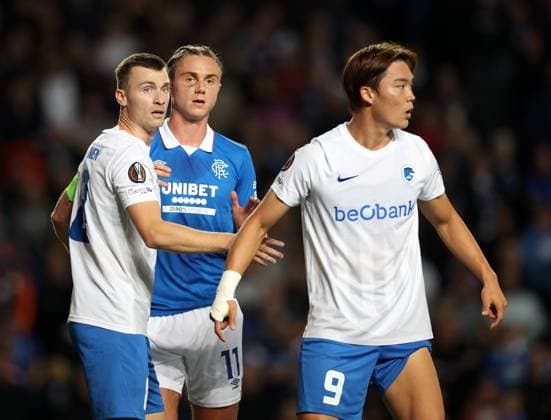 Bryan Heynen and Hyeongyu Oh of Genk and Thelo Aasgaard of Rangers during the Europa League league phase match at Ibrox Stadium, Glasgow. Rangers v Genk - UEFA Europa League - League Phase - Ibrox Stadium, Glasgow, Lanarkshire, Scotland, UK - 25 Sep 2025Glasgow Ibrox Lanarkshire United Kingdom  Copyright: xO Rourke RangersxFC Shutterstockx 15504270bk