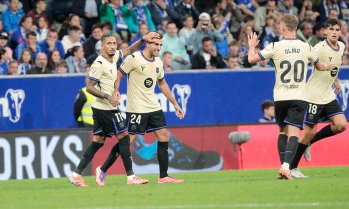 Spanish La Liga EA Sports soccer match Real Oviedo vc FC Barcelona, Barca at Carlos Tartiere stadium in Oviedo, Asturias, Spain 25 september 2025 Eric Garcia celebrates a goal 900 Cordon Press  900 CordonxPress LOF - Real Oviedo vs FC Barcelona