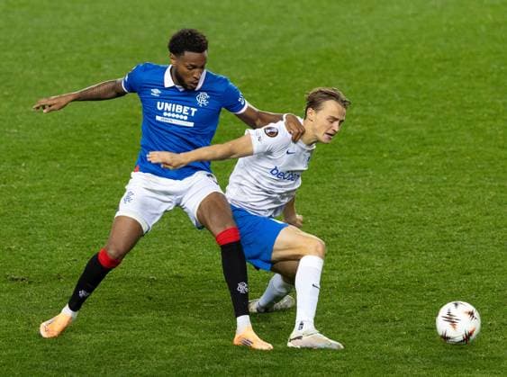 Youssef Chermiti of Rangers in action with Matte Smets of KRC Genk during UEFA Europa League league phase match at Ibrox Stadium, Glasgow. Rangers v KRC Genk - UEFA Europa League - Ibrox Stadium, Glasgow, Lanarkshire, Scotland, UK - 25 Sep 2025Glasgow Ibrox Stadium Lanarkshire, Scotland United Kingdom EDITORIAL USE ONLY  Copyright: xRangersxFC Shutterstockx 15504638bj