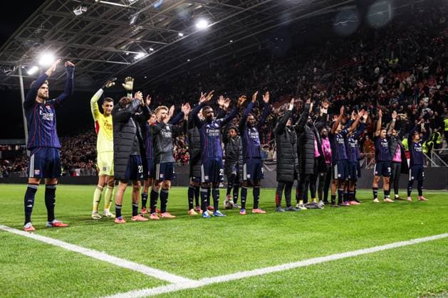 2025-09-25 FC Utrecht v Olympique Lyonnais - UEFA Europa League 2025 26 League Phase MD1 UTRECHT, NETHERLANDS - SEPTEMBER 25: players of Olympique Lyonnais celebrate the win during the UEFA Europa League 2025 26 League Phase MD1 match between FC Utrecht and Olympique Lyonnais at Stadion Galgenwaard on September 25, 2025 in Utrecht, Netherlands. Utrecht Stadion Galgenwaard Netherlands Content not available for redistribution in The Netherlands directly or indirectly through any third parties. Copyright: xBenxGalx