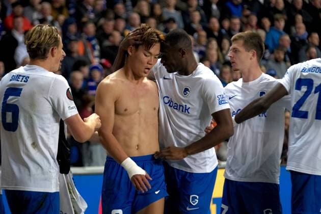 UK: Rangers v Genk, UEFA Europa League at Ibrox Stadium, Glasgow, Scotland on 25 September 2025: Pictured: Hyeongyu Oh (Genk) scores to make it 0-1 Glasgow Ibrox Stadium Scotland Copyright: xAlexxToddx
