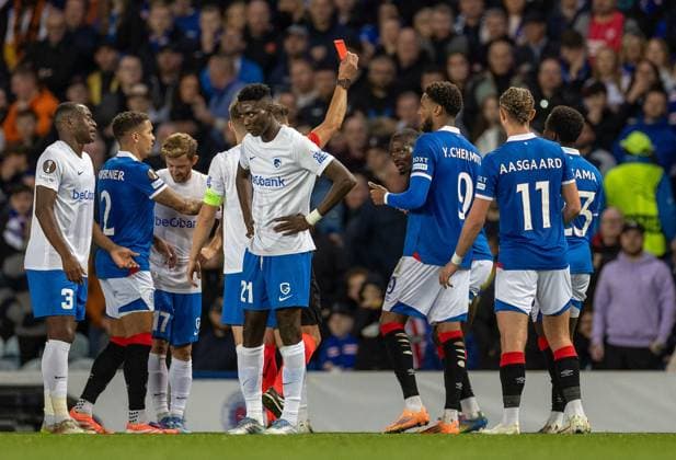 25th September 2025; Ibrox Stadium, Glasgow, Scotland; UEFA Europa League Football, Rangers versus Genk; Refeee Matej Jug red cards Mohamed Diomande of Rangers in the 41st minute  VagelisxGeorgariou