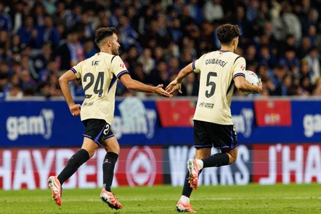 September 25, 2025, Oviedo, Spain: Eric Garcia Martret (L) and Pau Cubarsi Paredes FC Barcelona, Barca celebrate a goal during the LaLiga EA SPORTS game between teams of Real Oviedo and FC Barcelona at Carlos Tartiere Stadium. Final score; Real Oviedo 3:1 FC Barcelona Oviedo Spain - ZUMAs197 20250925_aaa_s197_372 Copyright: xMaciejxRogowskix