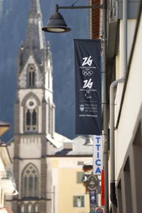 Milan-Cortina Winter Olympics Photo taken on Sept. 19, 2025, shows an Olympic and Paralympic banner in Predazzo, the Italian city that will host the Ski jumping, Skispringen, Ski, nordisch competitions during the 2026 Milan-Cortina Winter Olympics.  A14AA0004881816P