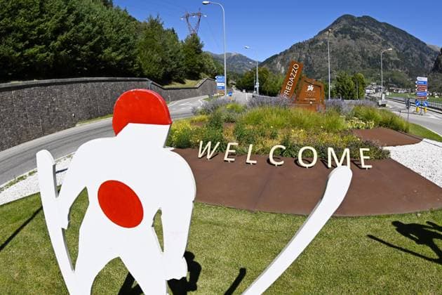 Milan-Cortina Winter Olympics Photo taken on Sept. 18, 2025, shows a statue in Predazzo, the Italian city that will host the Ski jumping, Skispringen, Ski, nordisch competitions during the 2026 Milan-Cortina Winter Olympics.  A14AA0004881828P