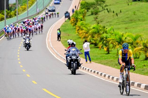 Ukrainian Danylo Kozoriz pictured in action during the u23 men road race (164,6 km) at the cycling road World Championships in Kigali, Rwanda, Friday 26 September 2025. The 2025 UCI Road World Championships take place from 21 to 28 September in Kigali, Rwanda. DIRKxWAEM  x135317923x
