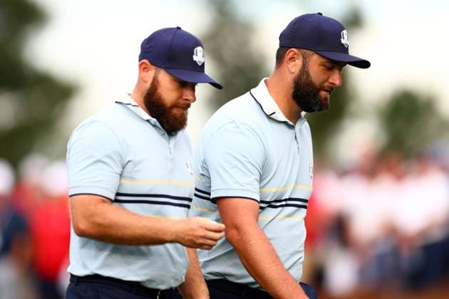 Tyrrell Hatton and Jon Rahm of Team Europe 2025 Ryder Cup, Day One, Morning Foursomes, Golf, Bethpage Black Golf Course, New York, USA - 26 Sep 2025New York Bethpage Black Golf Course New York (NY) United States of America EDITORIAL USE ONLY No use with unauthorised audio, video, data, fixture lists, club league logos or live services. Online in-match use limited to 120 images, no video emulation. No use in betting, games or single club league player publications. Copyright: xJamesxMarsh Shutterstockx 15500199ar