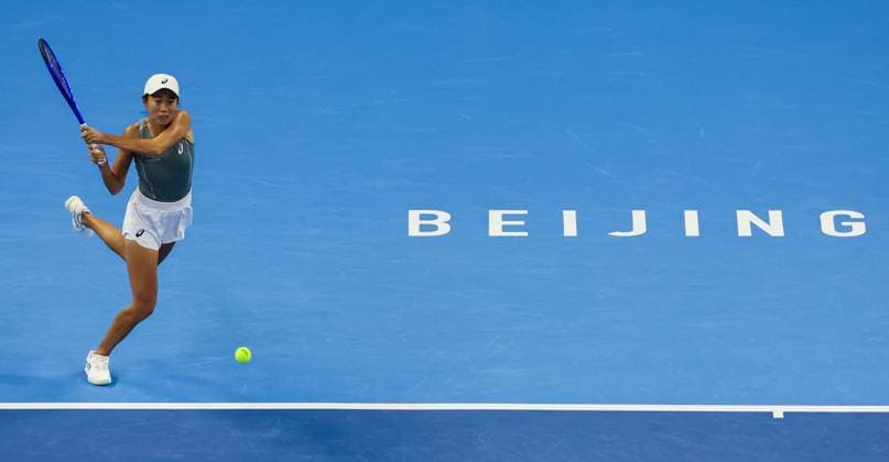 (250926) -- BEIJING, Sept. 26, 2025 -- Zhang Shuai hits a return during the women s singles second round match between Zhang Shuai of China and Wang Xinyu of China at 2025 China Open tennis tournament in Beijing, China, Sept. 26, 2025. (Photo by Xinhua) (SP)CHINA-BEIJING-TENNIS-CHINA OPEN-WOMEN S SINGLES-SECOND ROUND(CN) MaxZihan 