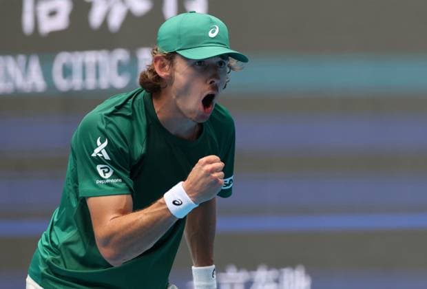(250926) -- BEIJING, Sept. 26, 2025 -- Alex De Minaur celebrates winning the men s singles first round match between Bu Yunchaokete of China and Alex De Minaur of Australia at 2025 China Open tennis tournament in Beijing, China, Sept. 26, 2025. (Photo by Xinhua) (SP)CHINA-BEIJING-TENNIS-CHINA OPEN-MEN S SINGLES-FIRST ROUND (CN) MaxZihan 