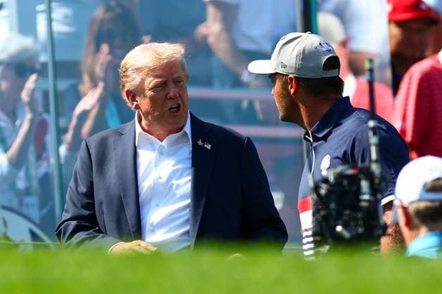 President Donald Trump and Keegan Bradley Captain of Team USA 2025 Ryder Cup, Day One, Afternoon Four-Balls, Golf, Bethpage Black Golf Course, New York, USA - 26 Sep 2025New York Bethpage Black Golf Course New York (NY) United States of America EDITORIAL USE ONLY No use with unauthorised audio, video, data, fixture lists, club league logos or live services. Online in-match use limited to 120 images, no video emulation. No use in betting, games or single club league player publications. Copyright: xJamesxMarsh Shutterstockx 15500200aa