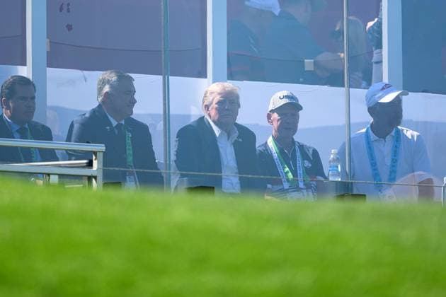 250926 President of The United States Donald Trump during a foursome match on day 1 of the Ryder Cup on September 26, 2025 in New York. Photo: Jesper Zerman BILDBYRAN kod JZ JZ0617 golf ryder cup day 1 bbeng Copyright: JESPERxZERMAN BB250926JZ036