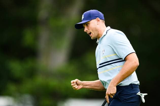 250926 Ludvig Aberg of Team Europe during a foursome match on day 1 of the Ryder Cup on September 26, 2025 in New York. Photo: Jesper Zerman BILDBYRAN kod JZ JZ0617 golf ryder cup day 1 bbeng Copyright: JESPERxZERMAN BB250926JZ046