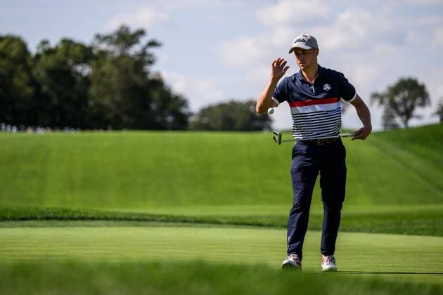250926 Justin Thomas of Team USA during a fourball match on day 1 of the Ryder Cup on September 26, 2025 in New York. Photo: Jesper Zerman BILDBYRAN kod JZ JZ0617 golf ryder cup day 1 bbeng Copyright: JESPERxZERMAN BB250926JZ143