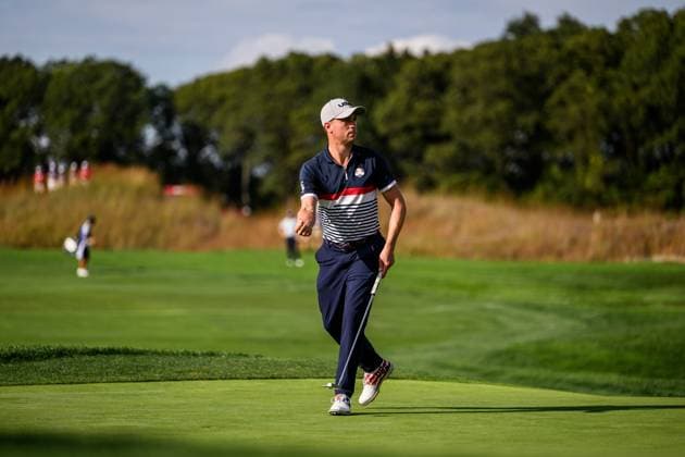 250926 Justin Thomas of Team USA celebrates during a fourball match on day 1 of the Ryder Cup on September 26, 2025 in New York. Photo: Jesper Zerman BILDBYRAN kod JZ JZ0617 golf ryder cup day 1 bbeng jubel Copyright: JESPERxZERMAN BB250926JZ158