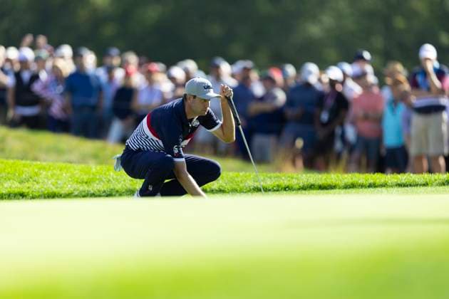 September 26, 2025, Farmingdale, Ny, United States: FARMINGDALE, NY - SEPTEMBER 26: Harris English of Team USA lines up a putt on hole 12 during the Ryder Cup - Morning Foursomes Matches at Bethpage Black Golf Course on September 26, 2025 in Farmingdale, NY. Farmingdale United States - ZUMAt139 20250926_aaa_t139_185 Copyright: xAlxChang IsixPhotosx