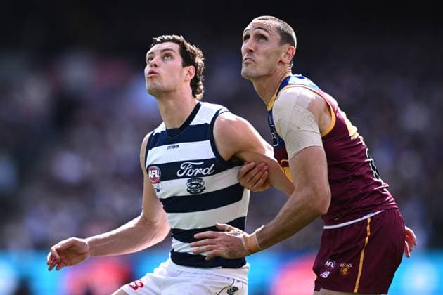 AFL GRAND FINAL, Oscar McInerney of the Lions and Shannon Neale of Geelong compete for the ball during the AFL Grand Final between the Geelong Cats and the Brisbane Lions at the Melbourne Cricket Ground in Melbourne, Saturday, September 27, 2025. ( NO ARCHIVING, EDITORIAL USE ONLY MELBOURNE VICTORIA AUSTRALIA  Copyright: xJOELxCARRETTx 20250927138646342236