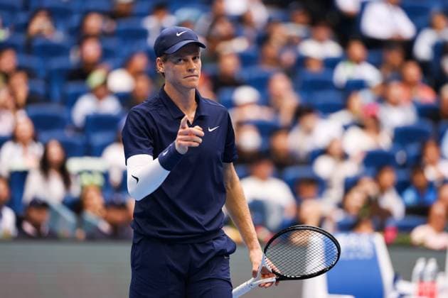 BEIJING, CHINA - SEPTEMBER 27: Jannik Sinner of Italy reacts in the Men s Singles Round of 16 match against Terence Atmane of France on day 6 of the 2025 China Open at National Tennis Center on September 27, 2025 in Beijing, China.  Copyright: xVCGx 111593515380