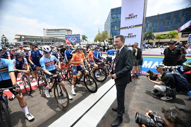 UCI 2025 Road World Championship, WM, Weltmeisterschaft Kigali 27 09 2025 KIGALI, RWANDA - SEPTEMBER 27 : Lappartient David (FRA) President of UCI and Belgian riders during the Women Elite cycling road race of the UCI Road World Championships 2025 92nd edition an UCI World Championships cycling race of 164.6 km with start in Kigali and finish in Kigali on September 27, 2025 in Kigali, Rwanda, 27 09 2025 Kigali Rwanda  Copyright: xJanxDexMeuleneirx