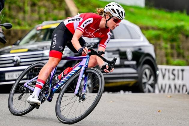 Austria Carina Schrempf pictured in action during the elite women road race (164,6 km) at the cycling road World Championships in Kigali, Rwanda, Saturday 27 September 2025. The 2025 UCI Road World Championships take place from 21 to 28 September in Kigali, Rwanda. DIRKxWAEM  x135400583x