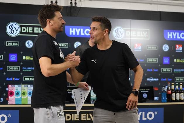 27.09.2025, Fussball, Herren, 2. Bundesliga, Saison 2025 2026, SV 07 Elversberg Holstein Kiel, Trainer Vincent Wagner (SV 07 Elversberg), Trainer Marcel Rapp (Holstein Kiel) Elversberg Ursapharm-Arena an der Kaiserlinde Saarland Deutschland (DEU) Copyright: xSebastianxBachx