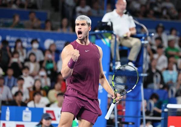 Sport Bilder des Tages September 27, 2025, Tokyo, Japan - Carlos Alcaraz of Spain clinches his fist as he defeated Zizou Berga of Belgium during a second round match of the Japan Open Tennis tournament in Tokyo on Saturday, September 27, 2025. Alcaraz defeated Bergs 6-4, 6-3. (photo by Yoshio Tsunoda AFLO) Noxthirdxpartyxsales  aflo_304949845