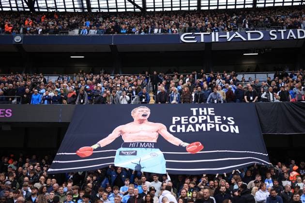 Football - Premier League - Manchester City v Burnley 27th September 2025 - Premier League - Manchester City v Burnley - Manchester City fans unfurl a banner in support of boxer Ricky Hatton, who died recently - Photo: Simon Stacpoole Offside. Manchester UK Copyright: xSimonxStacpoolexOffside