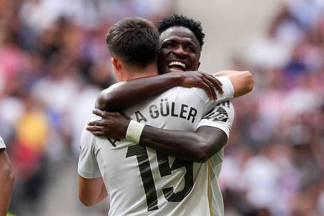 ATLETICO DE MADRID v REAL MADRID. LA LIGA 2025 2026. ROUND 7. Real Madrid s Arda Guler (l) and Vinicius Junior celebrate goal during La Liga match. September 27, 2025. (ALTERPHOTOS Acero) MadridSpain  Copyright: xAcerox