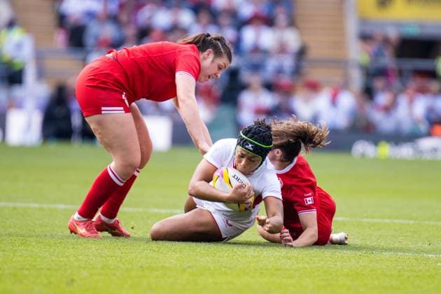 Sadia Kabeya (Back Row ? England and Loughborough Lightning) is double tackled during the match between Canada and England in the Women s Rugby World Cup 2025 Final at Allianz Park, Twickenham, England on Saturday 27th September 2025. Copyright: xClairexJeffreyx xSPPx Sportspressphoto_SPR33122