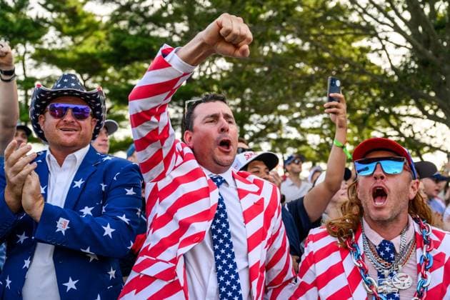 250927 Fans of Team USA during a foursome match on day 2 of The Ryder Cup on September 27, 2025 in New York. Photo: Jesper Zerman BILDBYRAN kod JZ JZ0618 golf ryder cup day 2 bbeng publik Copyright: JESPERxZERMAN BB250927JZ062