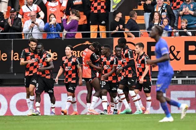 FC Lorient v AS Monaco FC - Ligue 1 McDonald s 2025 2026 03 Montassar TALBI (fcl) - 09 Mohamed BAMBA (fcl) - 15 Aiyegun TOSIN (fcl) - 62 Arthur AVOM (fcl) - 11 Theo LE BRIS (fcl) during the Ligue 1 McDonald s match between Lorient and Monaco at Stade du Moustoir on September 27, 2025 in Lorient, France. Lorient France  Copyright: xFEPx 776348139