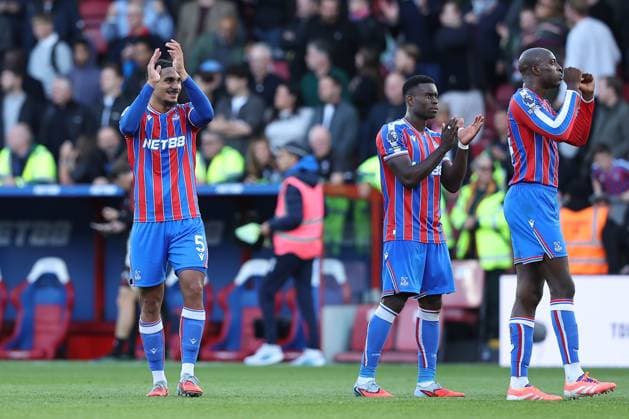 27th September 2025; Selhurst Park, Selhurst, London, England; Premier League Football, Crystal Palace versus Liverpool; Maxence Lacroix, Marc Guehi and Jean-Philippe Mateta of Crystal Palace celebrate the win with the fans after the match  KatiexChan