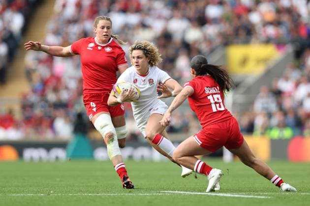 WRWC Final 27 September 2025, London - Women™s Rugby World Cup Final - Canada v England Women - Ellie Kildunne of England makes an impressive run in the lead up to scoring a try - Photo: Charlotte Wilson Offside. London UK Copyright: xCharlottexWilsonx xOffsidexOffside