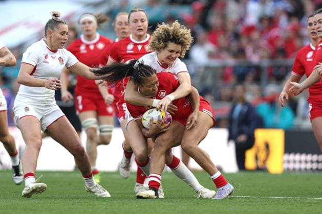 WRWC Final 27 September 2025, London - Women™s Rugby World Cup Final - Canada v England Women - Ellie Kildunne of England tackles Asia Hogan-Rochester of Canada - Photo: Charlotte Wilson Offside. London UK Copyright: xCharlottexWilsonx xOffsidexOffside