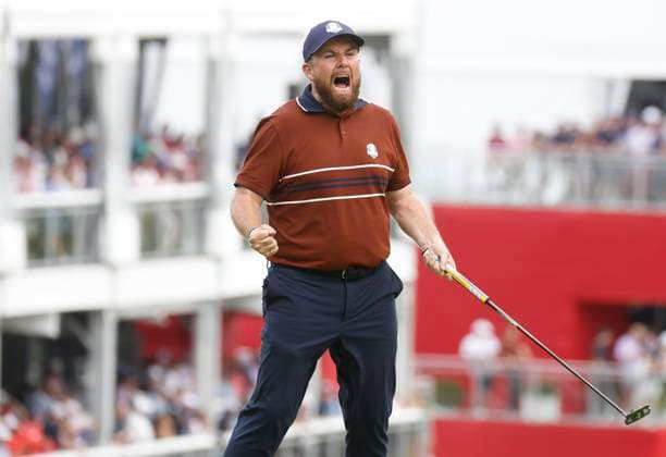 Shane Lowry of Team Europe reacts after sinking a putt on the fifteenth green during a four-ball match against Team United States on day two of the 45th Ryder Cup at the Bethpage Black Course in Farmingdale, New York on Saturday, September 27, 2025. Europe has a 8.5 to 3.5 lead over the United States after the morning foursome matches on the second day.  RYD20250927618 JOHNxANGELILLO