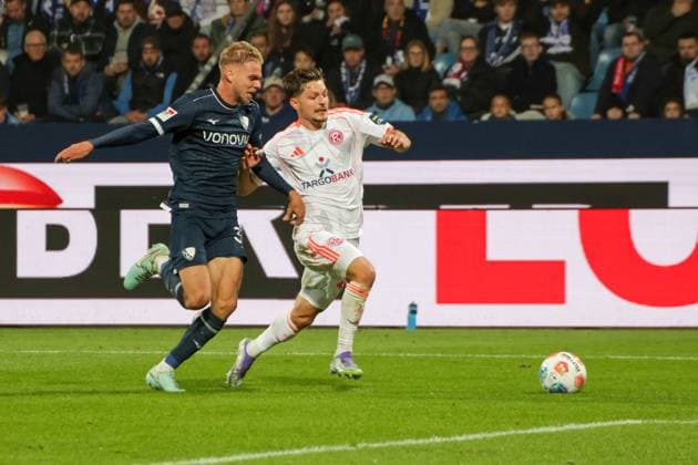 27.09.2025, xgrfx, Fussball 2.Bundesliga, VfL Bochum - Fortuna Duesseldorf v.l. Leandro-Noel Morgalla (VfL Bochum), Florent Muslija (Fortuna Düsseldorf) (DFL DFB REGULATIONS PROHIBIT ANY USE OF PHOTOGRAPHS as IMAGE SEQUENCES and or QUASI-VIDEO) Bochum