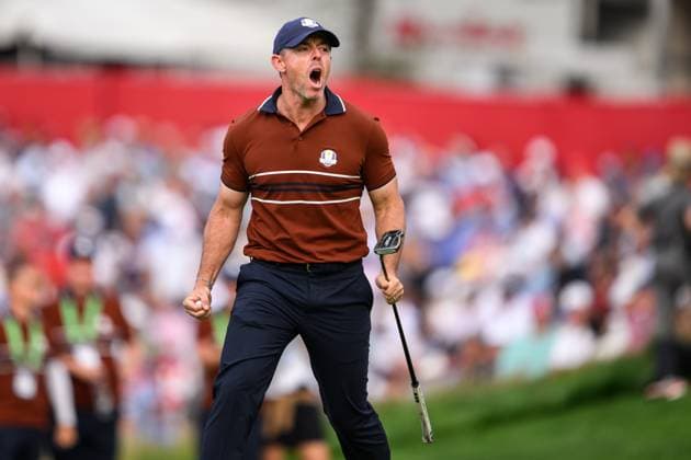 250927 Rory McIlroy of Team Europe celebrates during a fourball match on day 2 of The Ryder Cup on September 27, 2025 in New York. Photo: Jesper Zerman BILDBYRAN kod JZ JZ0618 golf ryder cup day 2 bbeng jubel Copyright: JESPERxZERMAN BB250927JZ069