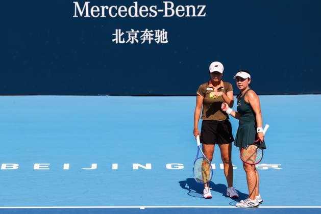 BEIJING, CHINA - SEPTEMBER 28: Wu Fang-Hsien of Chinese Taipei and Eri Hozumi of Japan compete in the Women s Doubles Round of 32 match against Maya Joint of Australia and Catherine Mcnally of the United States on day 7 of the 2025 China Open at National Tennis Center on September 28, 2025 in Beijing, China.  Copyright: xVCGx 111593672651