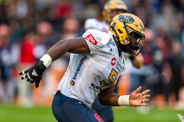 Deshon Hall (5, DL, Dresden Monarchs) GER, ifm Ravensburg Razorbacks vs Dresden Monarchs, American Football, GFL, Saison 2025, Playoffs, Halbfinale, 27.09.2025, GER, ifm Ravensburg Razorbacks vs Dresden Monarchs, American Football, GFL, Saison 2025, Playoffs, Halbfinale, 27.09.2025 Weingarten Copyright: xEibner-Pressefoto FlorianxWolfx EP_FWF